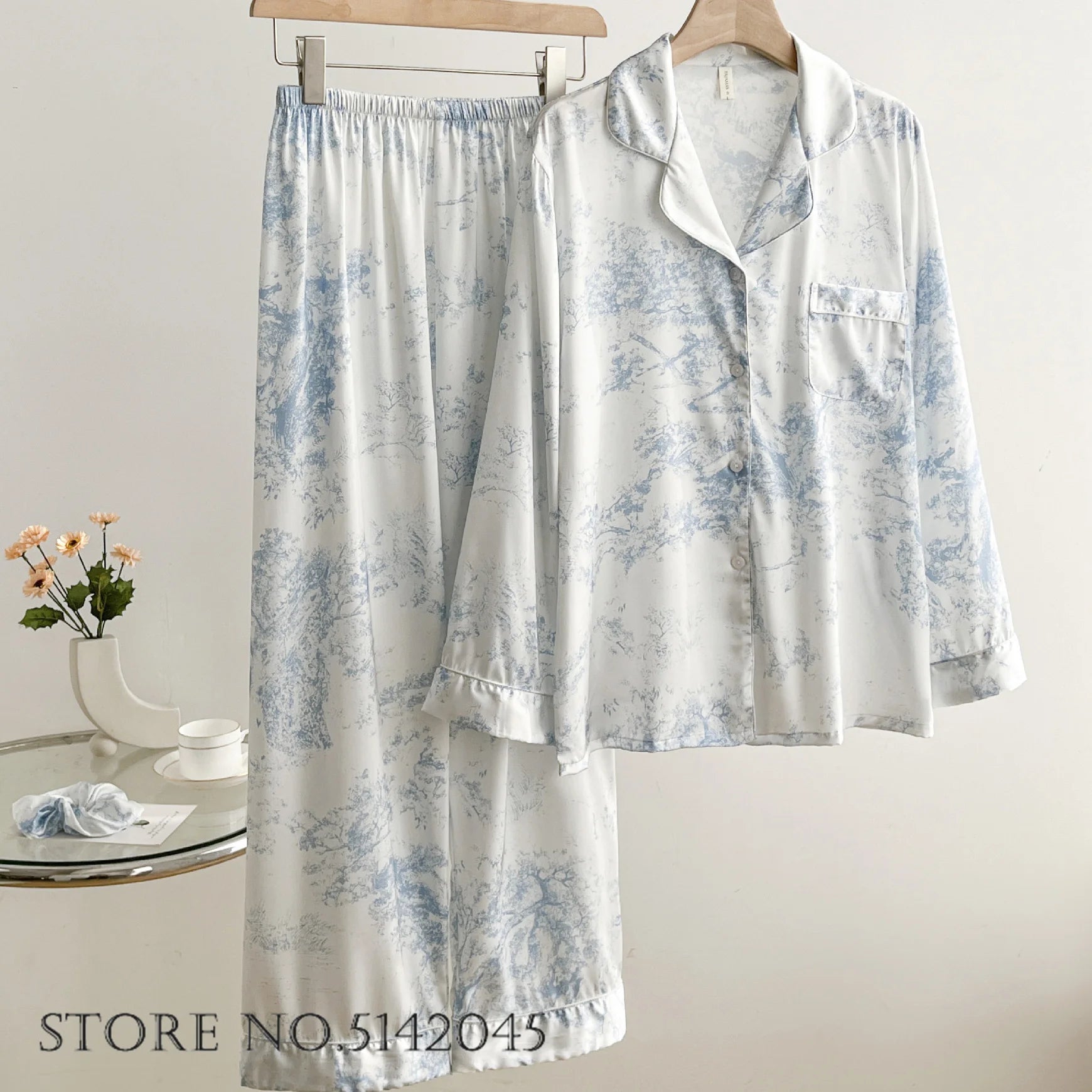 Fashion Print Flower 2PCS Pajamas Set Blue Long Set M