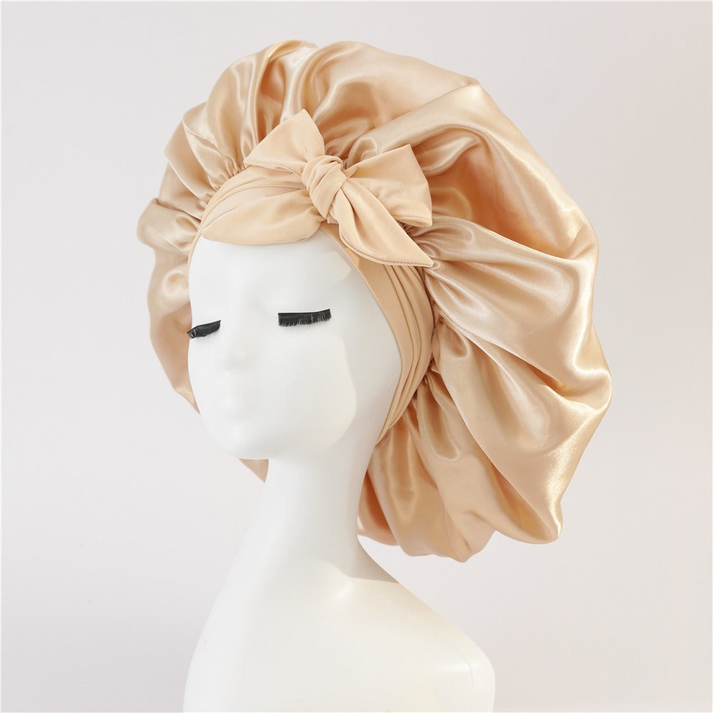 Satin Ribbon Round Bow Elastic Nightcap Gold Free Size