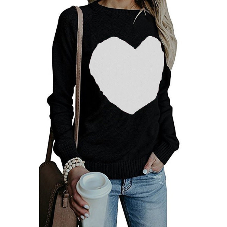 Spring and Autumn Themed Solid Color Pullover Sweater With Love Printed For Women Black White