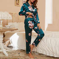 Spring women Silk Pyjamas set F Green Pink L