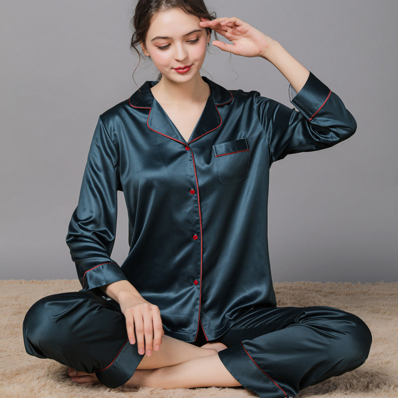 New Spring And Autumn Silk Pajamas For Women Dark greenwomen