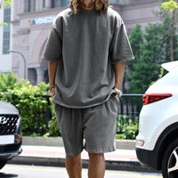 2pcs Loose Round Neck Short-sleeved T-shirt And Drawstring Pockets Short Dark Grey