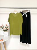 Artificial Cotton Thin Summer Short Sleeve And Pants Loungewear Set Olive Green T 68 Pure Black