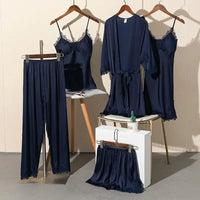 5PCS Lady Pajamas Set Navy Blue - B XL