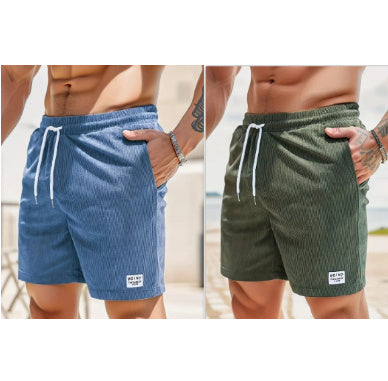 Lace-up Drawstring Shorts Summer Corduroy Sports Short Pants Mens Clothing Olive green and denim blue