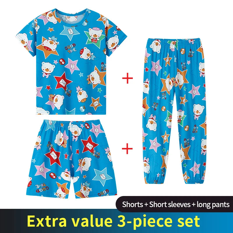 3 Piece Children's Summer Short-sleeved Pyjamas 3pcs-ja-lanxing 140 Height 130-140cm