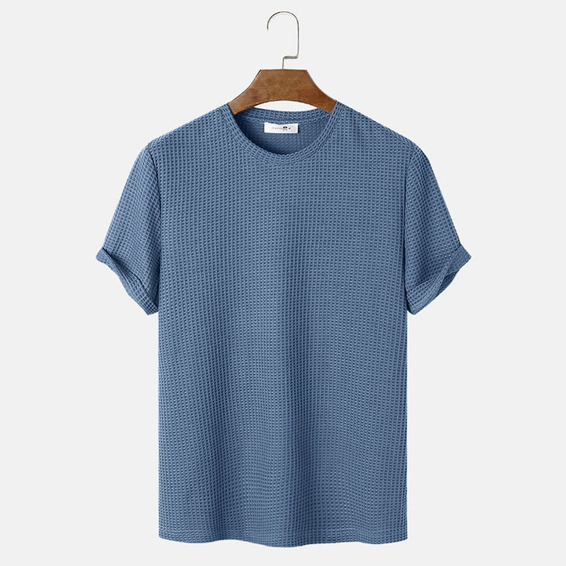 Men Summer Solid Color Round Neck Basic T-Shirts Blue