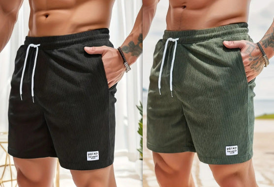 Lace-up Drawstring Shorts Summer Corduroy Sports Short Pants Mens Clothing Army Green and Black