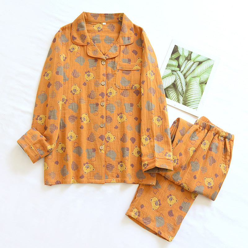 Woven Jacquard Lapel Pajamas Suit Loose Female Orange