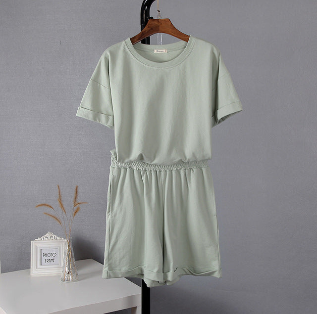 Cotton Sets Women Casual Two Pieces Short Green