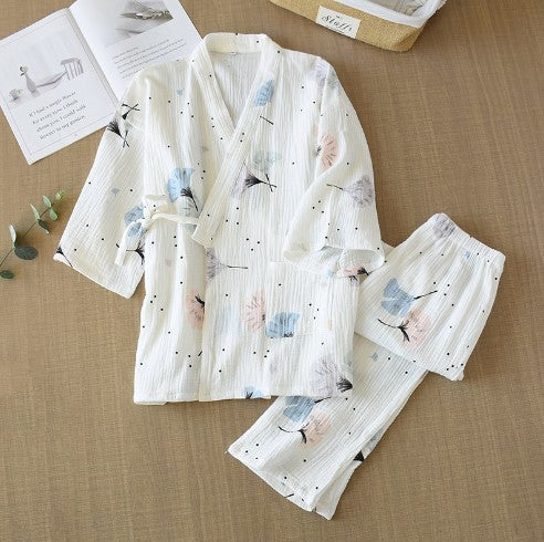 Cotton Kimono Loungewear Set White Ginkgo Biloba