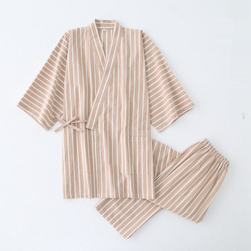 Cotton Washed Pyjamas Suit Women's Yellow Khaki Stripe