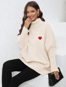 Knitted Loose Lapel Solid Color Turtleneck With Woven Love Stickers For Women Apricot Average Size