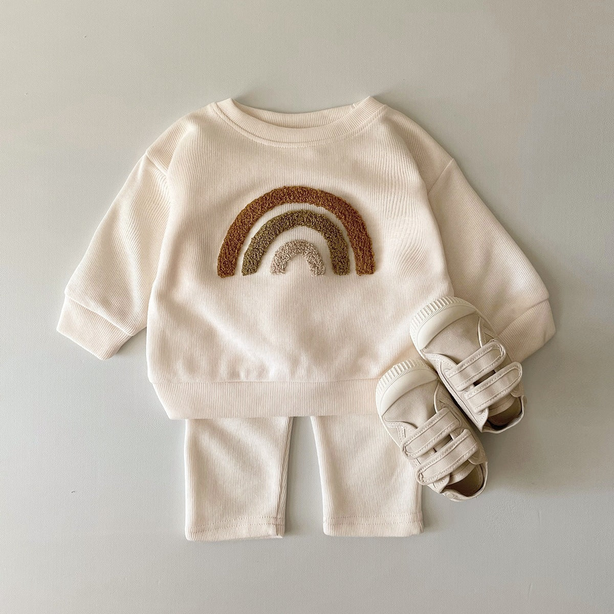 Spring And Autumn Newborn Alphabet Embroidery Baby Long Sleeve Two-piece Suit Beige