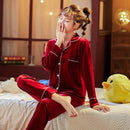 Couple Gold Velvet Long Sleeve Pajamas Wine red Woman