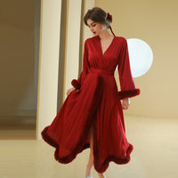 Fashion Female Kimono Satin Long Bathrobe Dark Red