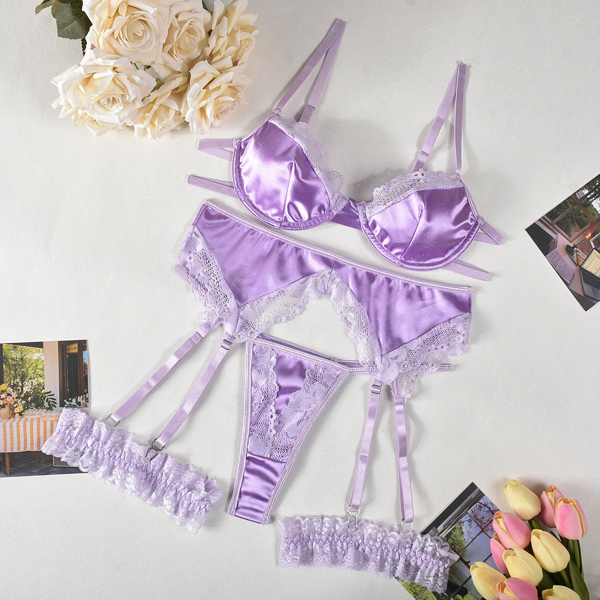 Lace Satin Bra Garter Match Sets Light Purple