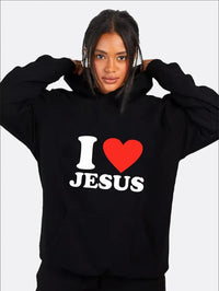 Casual Long Sleeve Hoodies Sweatshirt With I Love Jesus Print For Women Black