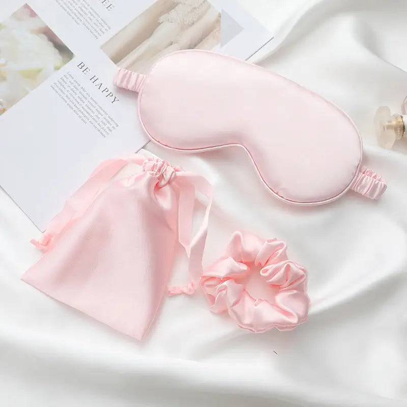 3-in-1 Imitated Silk Eye Mask Set with Drawstring Bag and Hair Scrunchie Hairband Satin Sleeping Eyemask