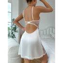 Satin Nightdress White Lace Women Sexy Pajamas Set