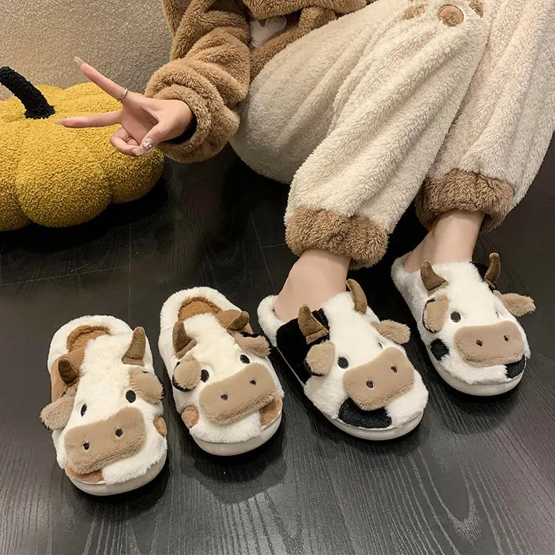 Cute fluffy fuzzy slippers animal plush cow pig Home Slides Ladies Winter Indoor