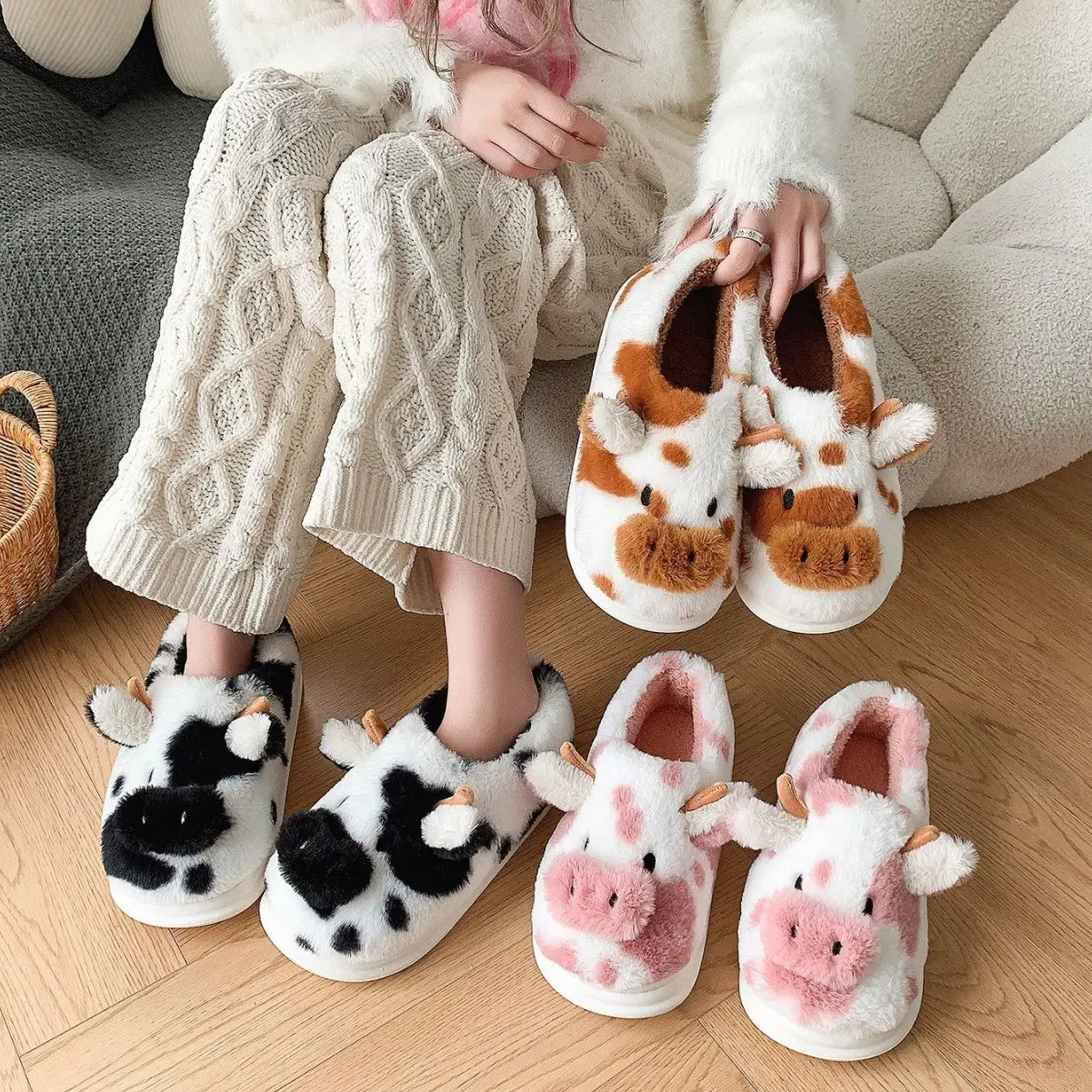 Cute fluffy fuzzy slippers animal plush cow pig Home Slides Ladies Winter Indoor