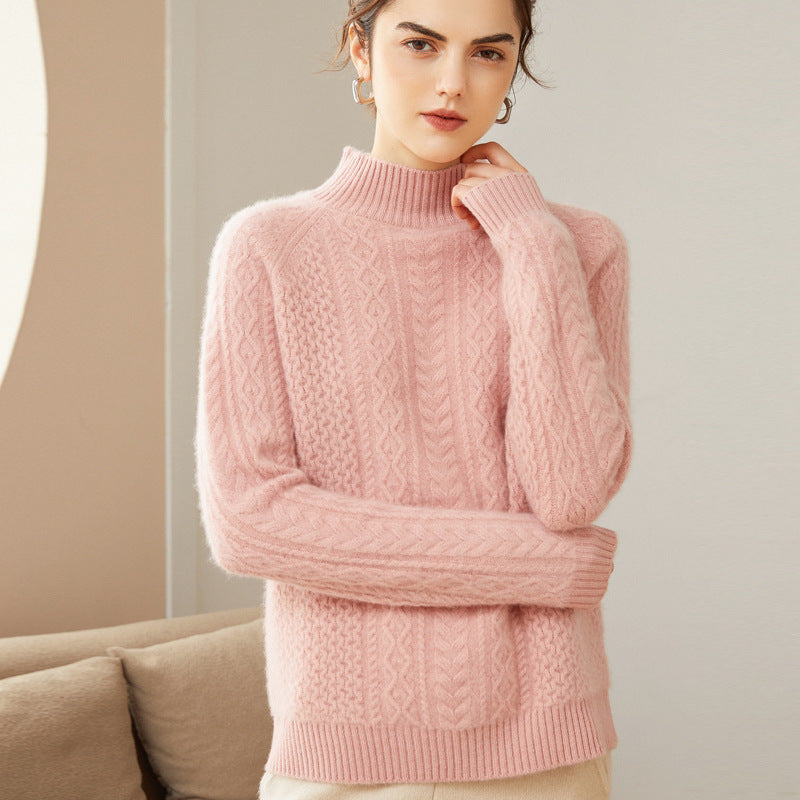 Pure Cashmere Twisted Half Turtleneck Thickened Sweater Lotus Pink