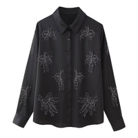 French Beaded Embroidered Shirts And High Waist Casual Trouser Set For Women Black Shirt