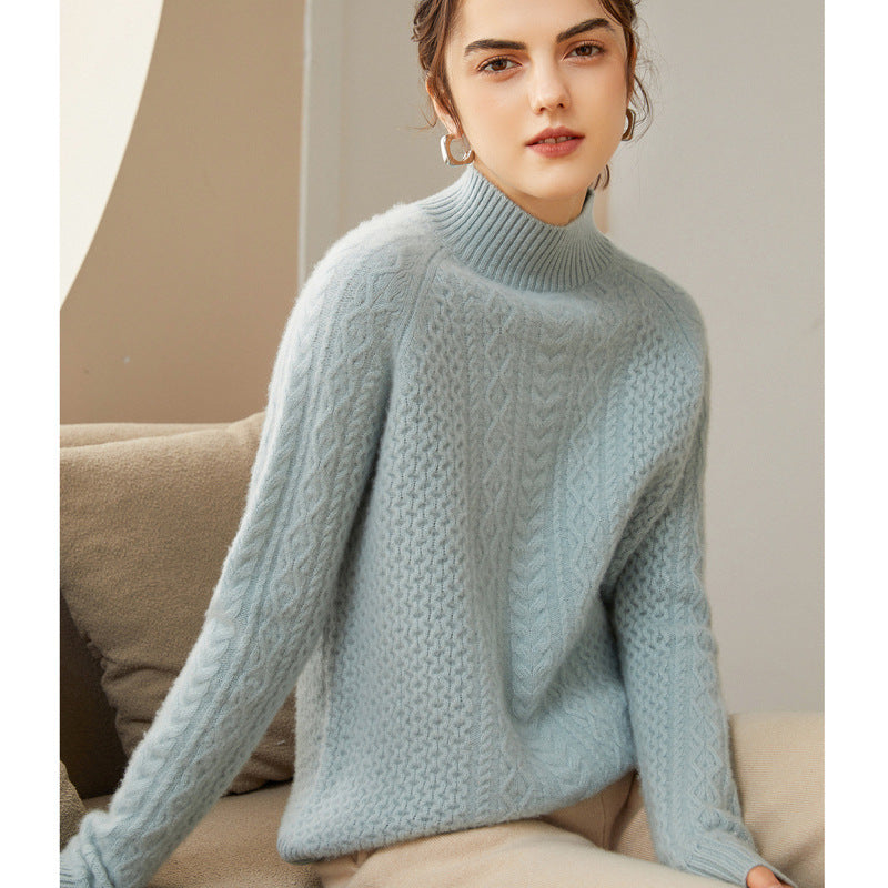 Pure Cashmere Twisted Half Turtleneck Thickened Sweater Light Blue