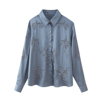 French Beaded Embroidered Shirts And High Waist Casual Trouser Set For Women Blue Shirt