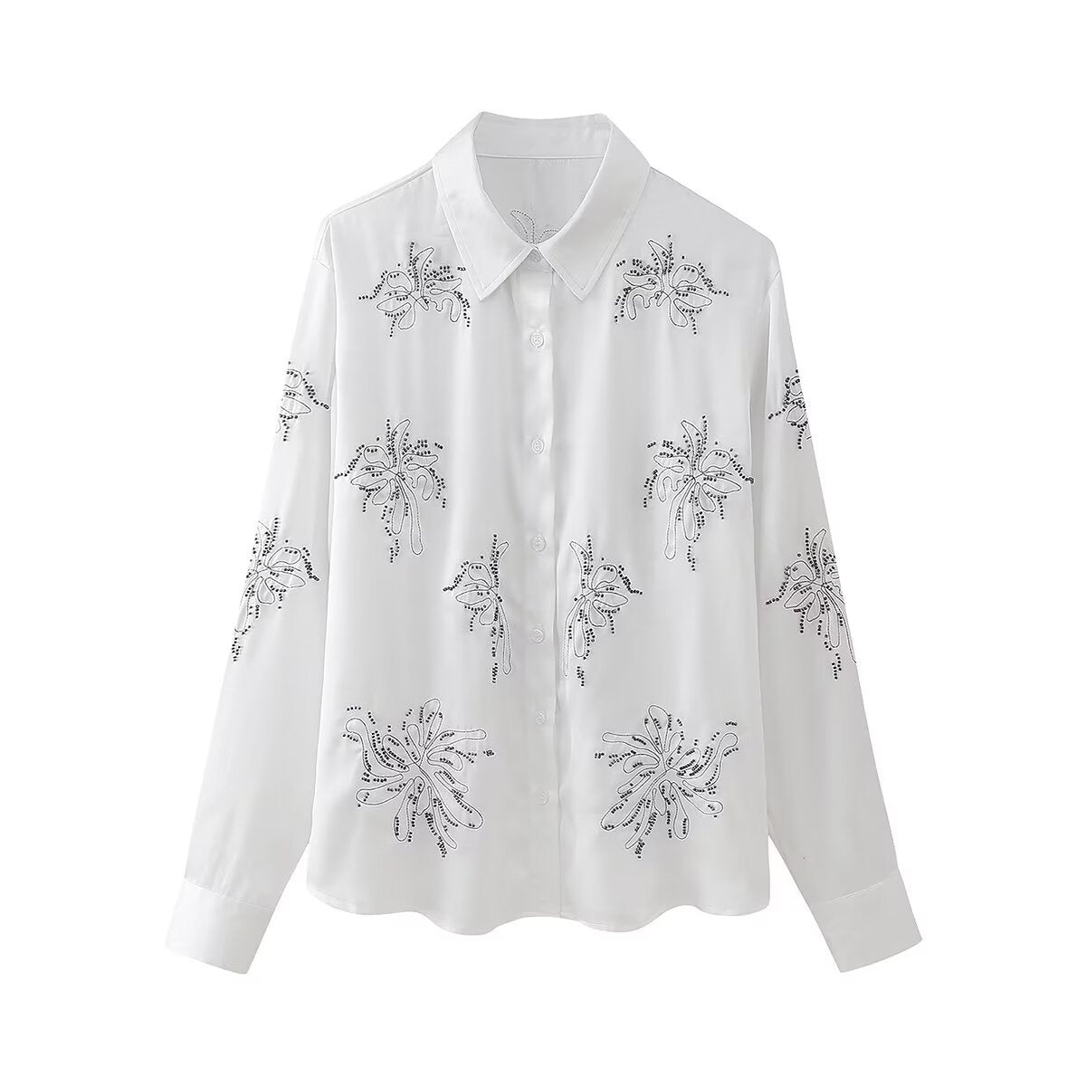 French Beaded Embroidered Shirts And High Waist Casual Trouser Set For Women White Shirt