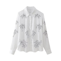 French Beaded Embroidered Shirts And High Waist Casual Trouser Set For Women White Shirt