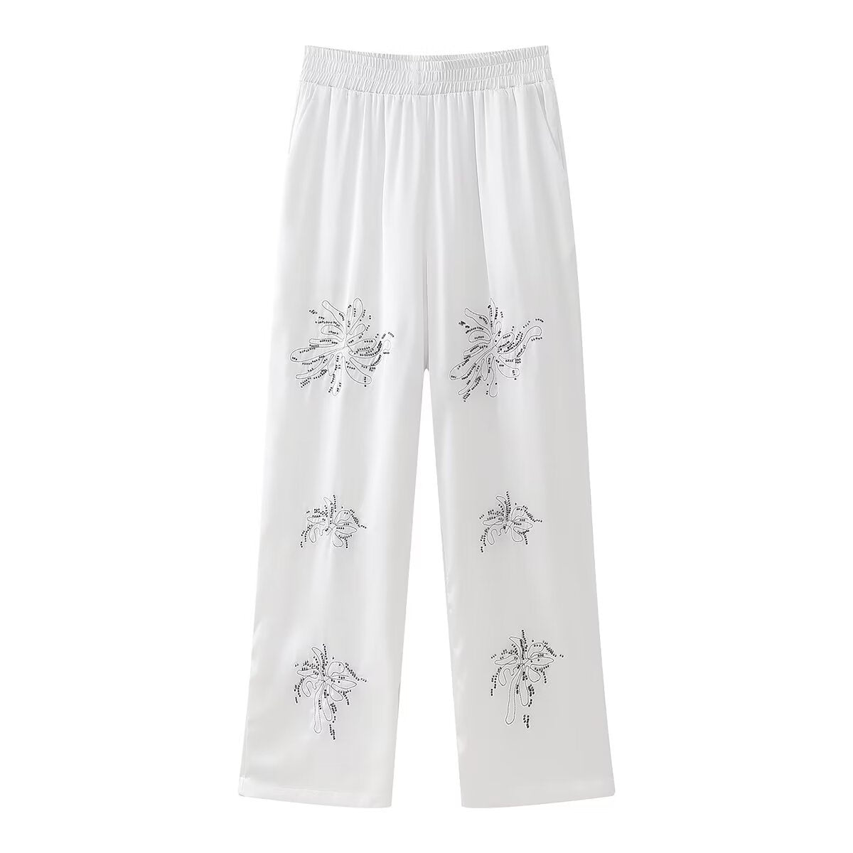 French Beaded Embroidered Shirts And High Waist Casual Trouser Set For Women White Pants