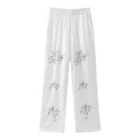 French Beaded Embroidered Shirts And High Waist Casual Trouser Set For Women White Pants