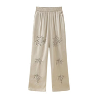 French Beaded Embroidered Shirts And High Waist Casual Trouser Set For Women Apricot Pants