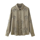 French Beaded Embroidered Shirts And High Waist Casual Trouser Set For Women Khaki Shirt