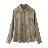 French Beaded Embroidered Shirts And High Waist Casual Trouser Set For Women Khaki Shirt