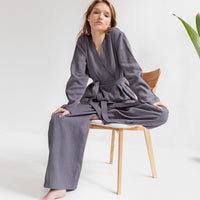 Cotton Linen Women Pajama Robe Sets Grey