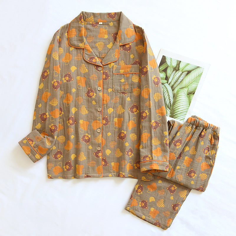 Woven Jacquard Lapel Pajamas Suit Loose Female Khaki