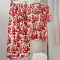 Fashion Print Flower 2PCS Pajamas Set Red Short Sleeve L