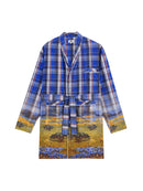 Oil Painting Gradient Printing Bathrobe Plaid Long Pajamas Blue One size