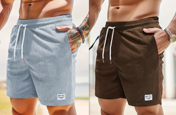 Lace-up Drawstring Shorts Summer Corduroy Sports Short Pants Mens Clothing Brown and light gray