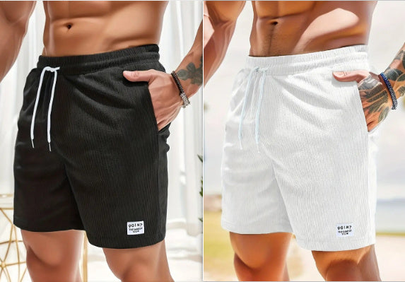 Lace-up Drawstring Shorts Summer Corduroy Sports Short Pants Mens Clothing Black and White