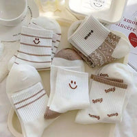 5 Pairs Cute Smiling Mid Tube Print Socks