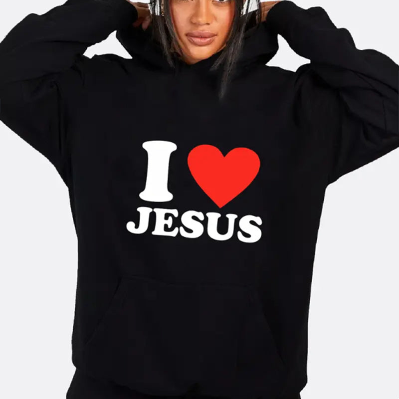 Casual Long Sleeve Hoodies Sweatshirt With I Love Jesus Print For Women