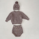 Infant Baby Girl Mixed Color Thick Needle Pullover Pants Pullover Fur Ball Knitted Hat 3-piece Set Suit Dark Brown Without Hat