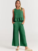 Casual Suit Summer Sleeveless Pleated Vest Sets Green