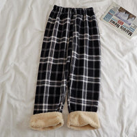 Fleece Cashmere Plaid Wide-Leg Casual Pants Black Plaid, Brushed Average Size