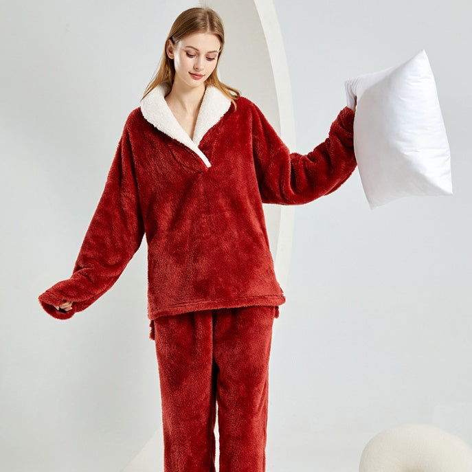 Flannel Pajamas Set Wine Red Without Embroidery