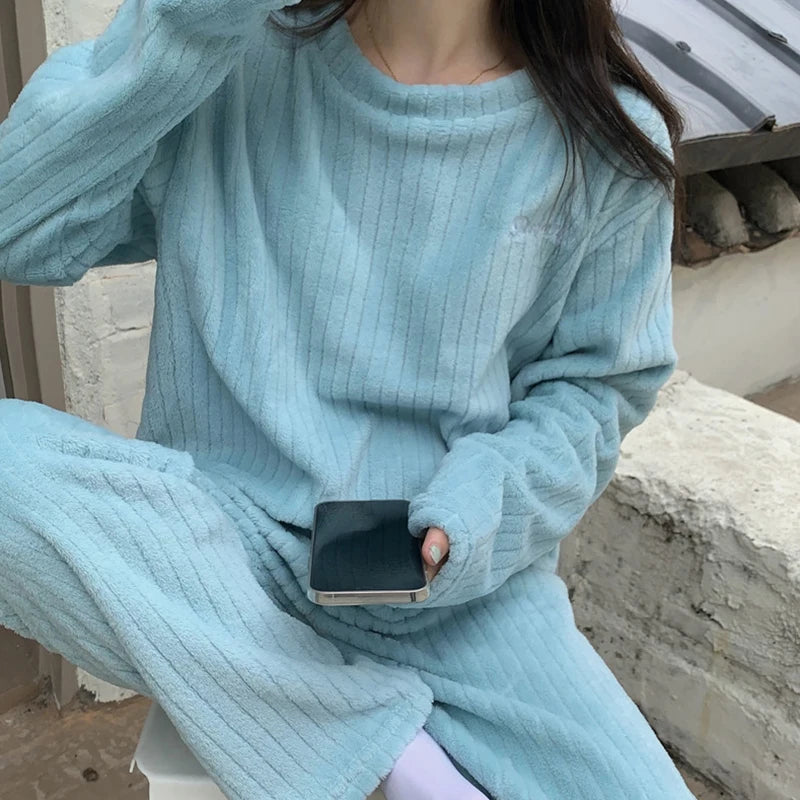 Women Solid Warm 2 Piece Sets Sky Blue One Size